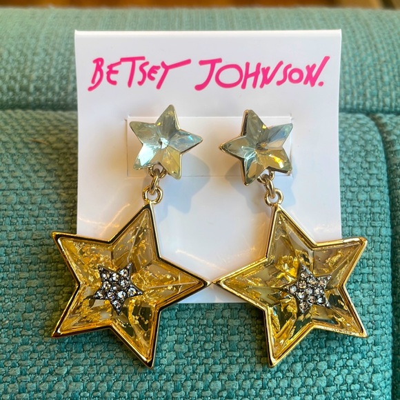 NWT Betsey Johnson Gold Tone Celestial Punk Double Star Drop Earrings - Picture 4 of 4